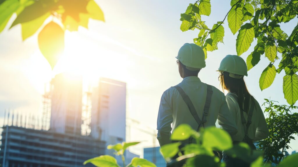 Two construction workers wearing safety helmets observe a sustainable building site surrounded by greenery in Canada.